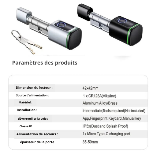 Cylindre de serrure intelligent Bluetooth Tuya – Empreinte digitale, carte IC 13.56MHz, pile CR123A, installation facile