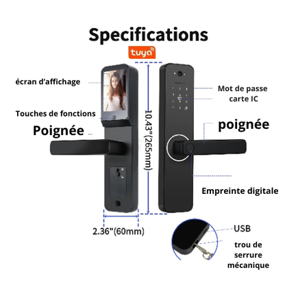 Serrure biométrique à empreinte digitale avec caméra – Sécurisée, pour maison et appartement, alimentation par batterie